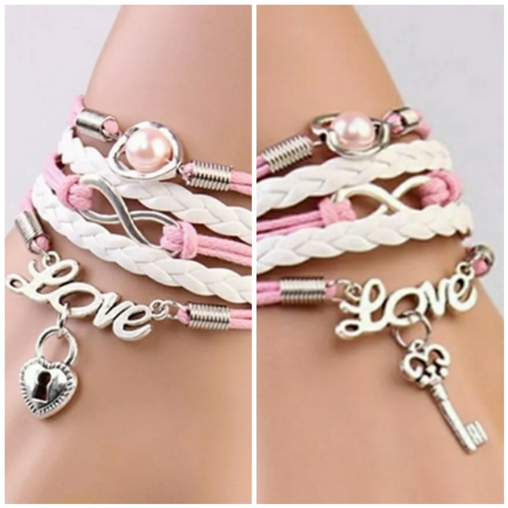 Set Friendship Love Key Lock Infinity Pearl Layer Charm Bracelet Adjustable Pink
